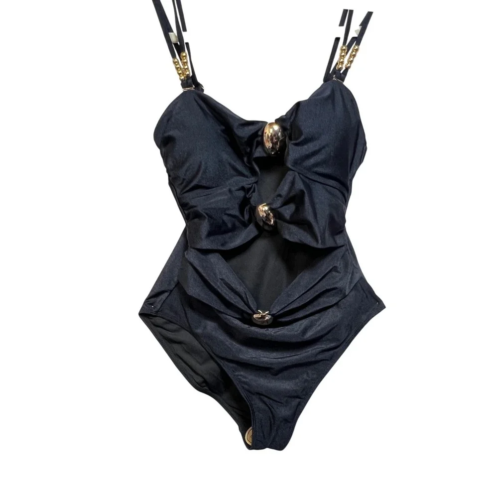 Black Cutout One Piece Swimsuit Gold Hardware Beaded‎ Straps Ruched Medium
